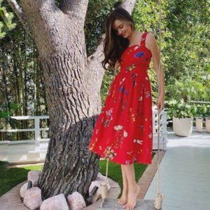 □$2,390 NEW OSCAR DE LA RENTA STUNNING RED FLORAL MIDI  RUNWAY DRESS US 10